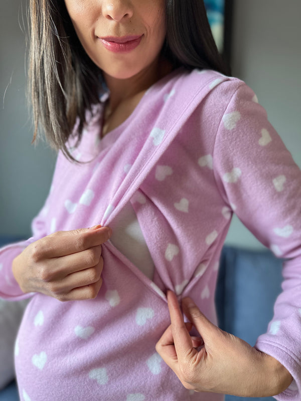 Pijama de maternidad y lactancia •Corazones lila• POLAR