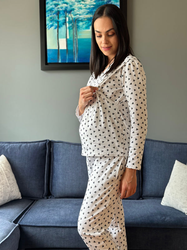 Pijama de maternidad y lactancia •Corazones blanco• ALGODÓN