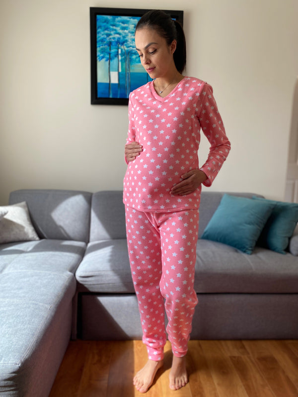 Pijama de maternidad y lactancia •estrellas rosa• POLAR