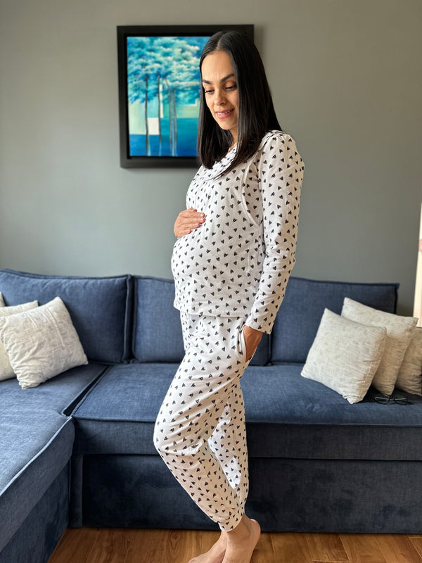 Pijama de maternidad y lactancia •Corazones blanco• ALGODÓN