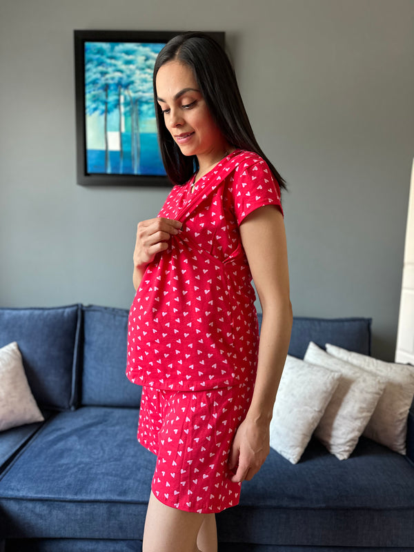 Pijama de short maternidad y lactancia •Corazones rojo• ALGODÓN