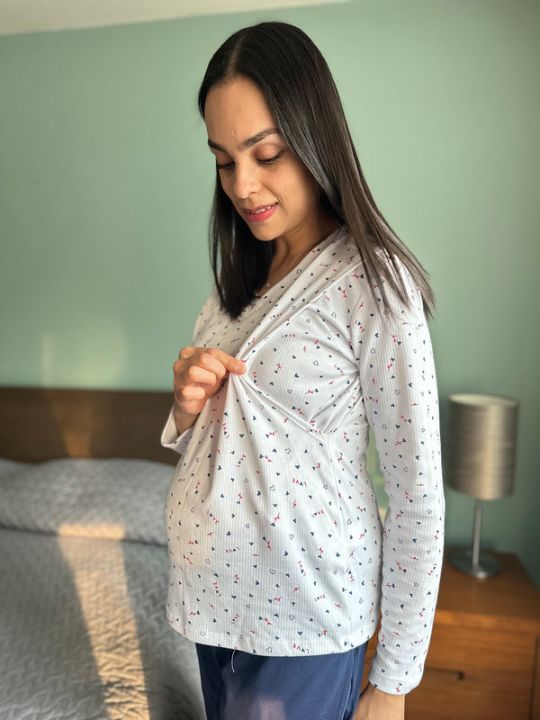 Pijama de maternidad y lactancia •LOVE AZUL• Algodón