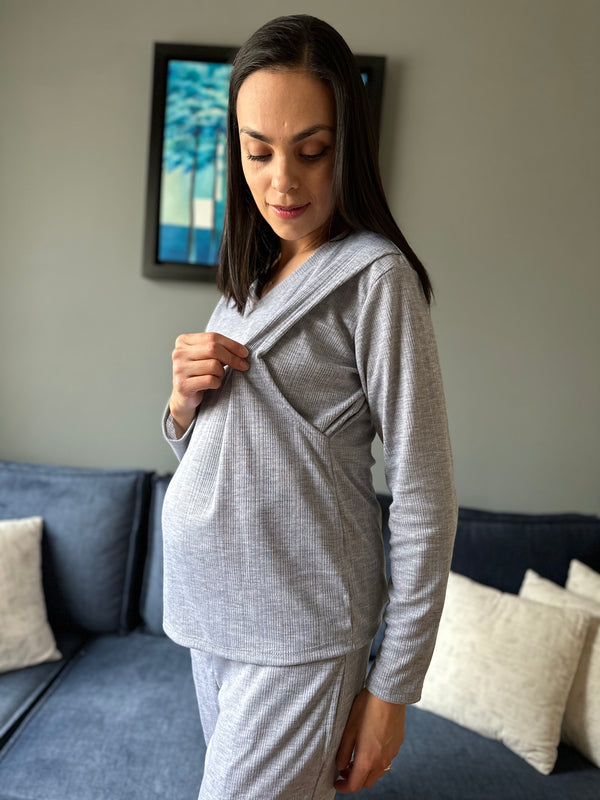 Pijama de maternidad y lactancia •Soft grey• ALGODÓN