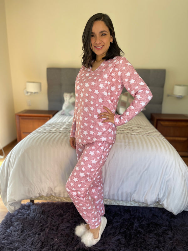 Pijama de maternidad y lactancia •Pink stars• POLAR
