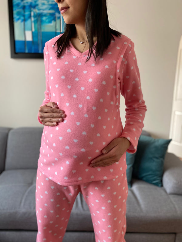 Pijama de maternidad y lactancia •corazones rosa• POLAR