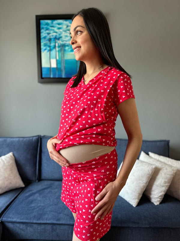 Pijama de short maternidad y lactancia •Corazones rojo• ALGODÓN