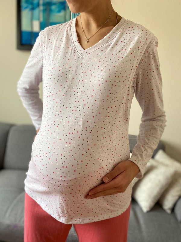Pijama de maternidad y lactancia •puntitos coral• ALGODÓN