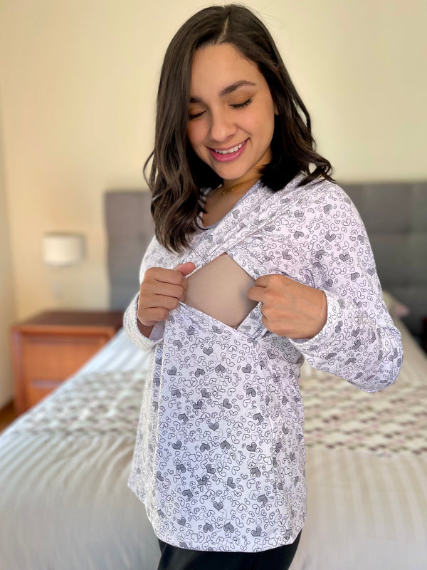 Pijama de maternidad y lactancia •Corazón gris• ALGODÓN
